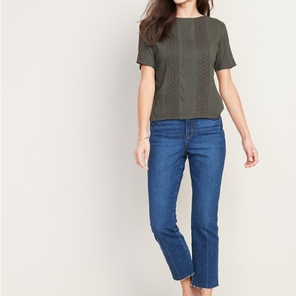 Old Navy Olive Green Lace Detail Short Sleeve Blouse Business Casual or Formal